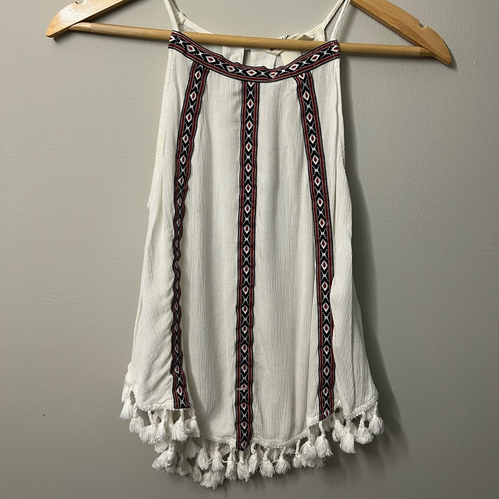 H&M tank top with tassel detail. Red & blue Aztec pattern stripes down front.